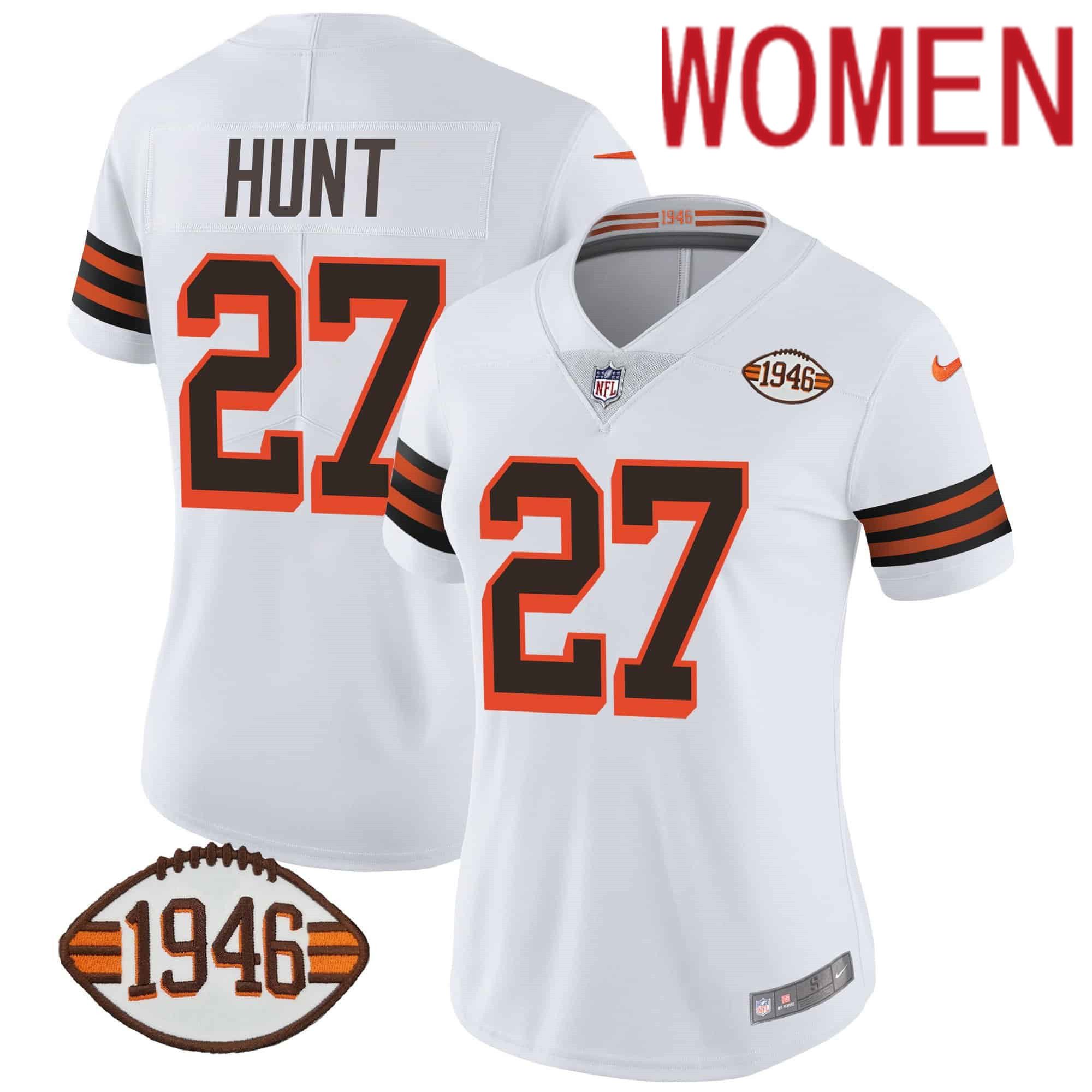 Women Cleveland Browns 27 Hunt White 1946 75th Anniversary Patch 2024 Nike NFL Jersey